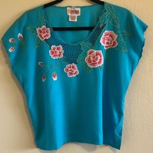 HiBis Vintage 80s Crop Top Teal Pink/White Floral Embroidery SZ M SummerStyle